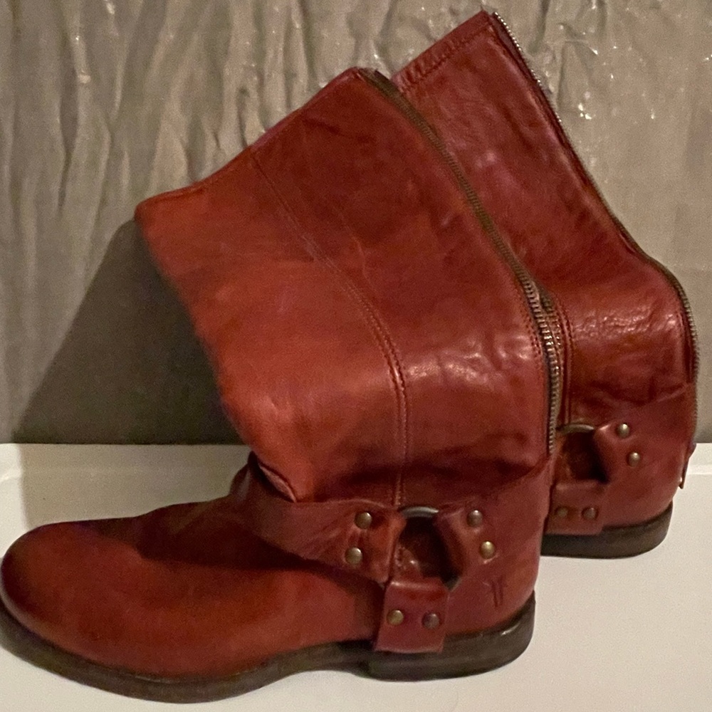 Frye knee high red back zipper boots